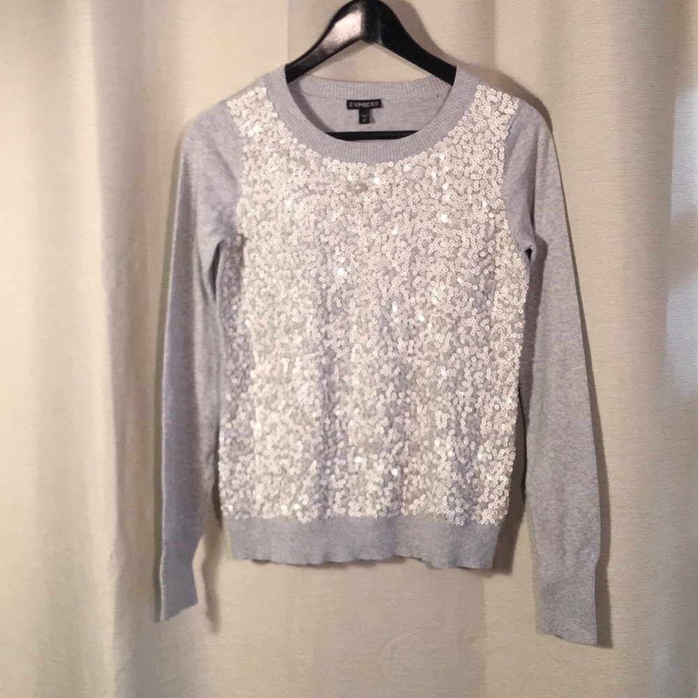 Express Grey Crewneck Sweater With White Sequins
